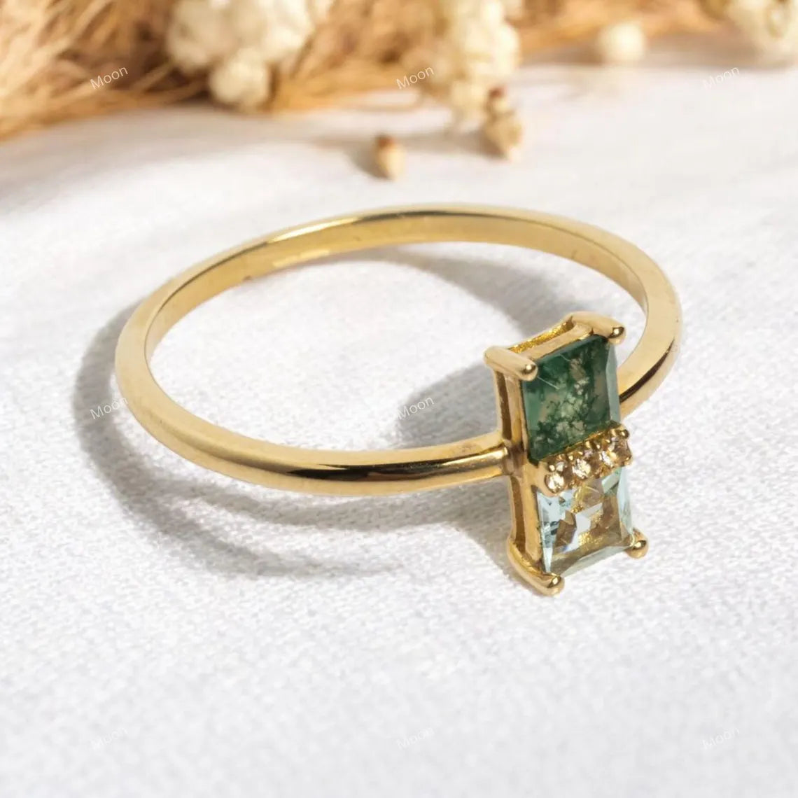 Moss Agate & Aquamarine Ring Side Face