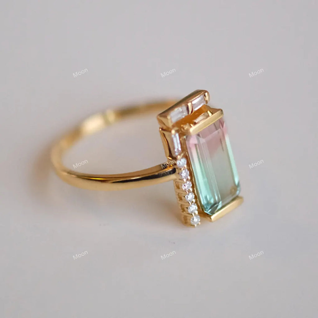 Baguette Cut Watermelon Tourmaline Ring Left Side
