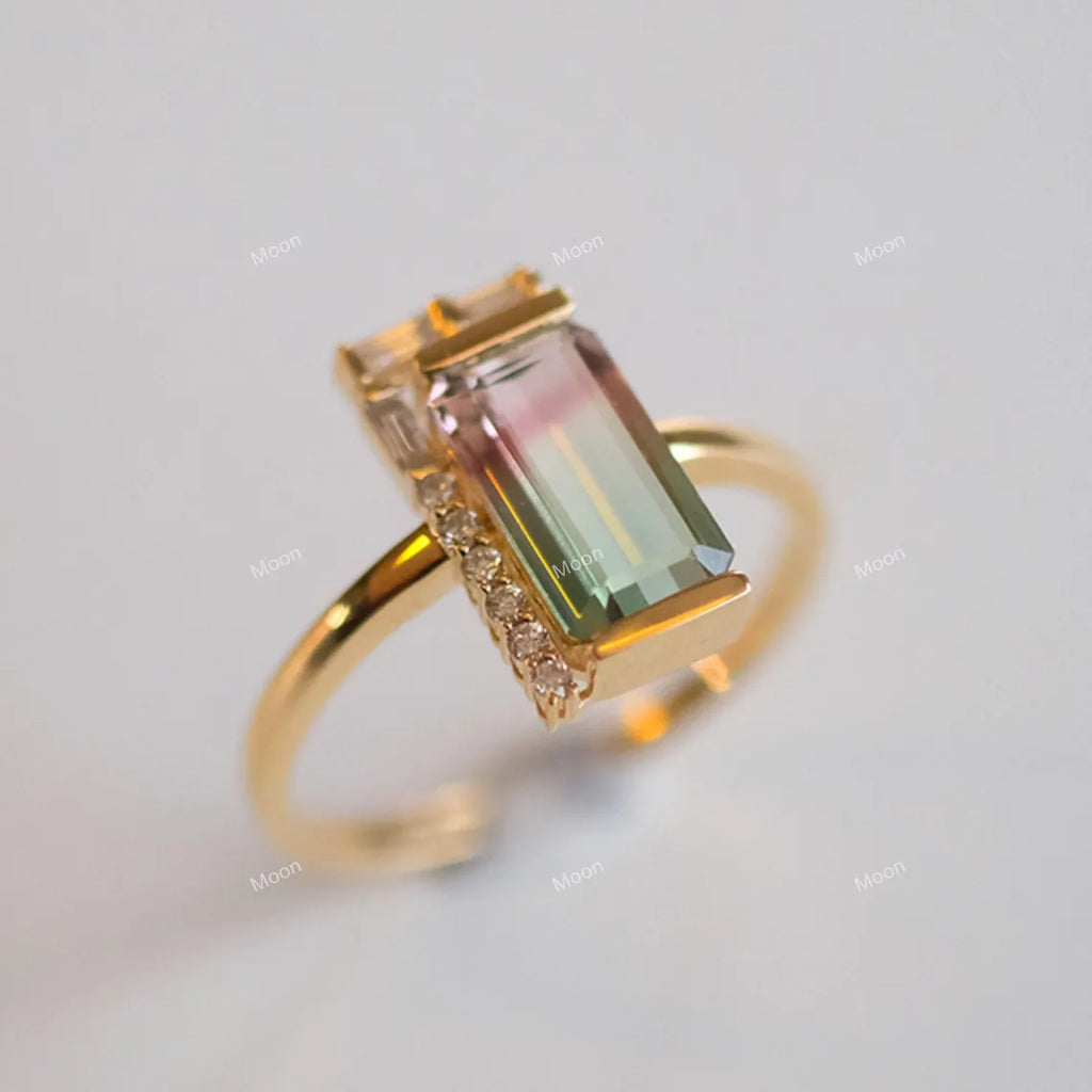 Baguette Cut Watermelon Tourmaline Ring Top View