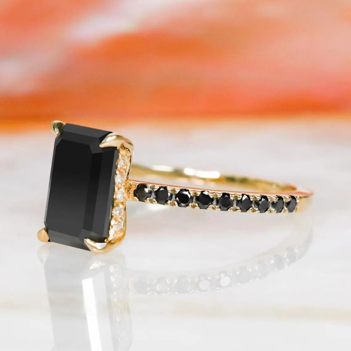 Natural Black onyx ring, onyx ring, Emerald Cut Black Onyx Ring