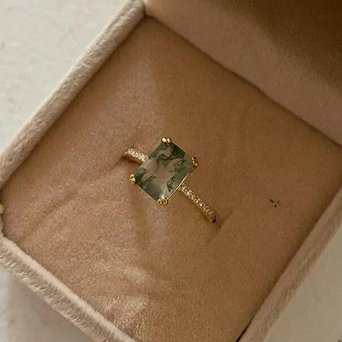 Natural Moss Agate Ring-Emerald Cut Engagement Ring
