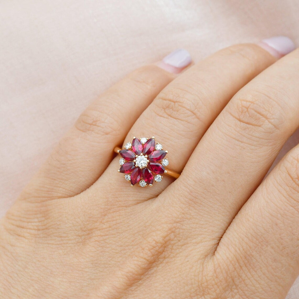 Handmade Red Ruby Lotus Flower Engagement Rings