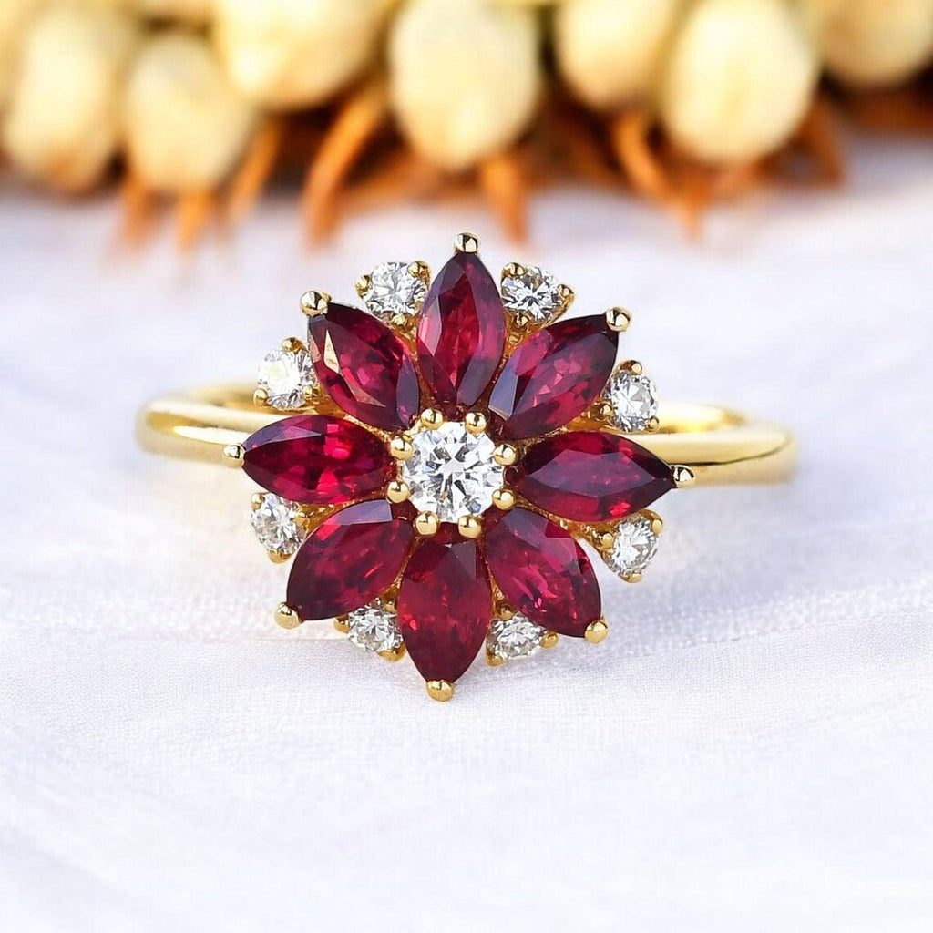 Handmade Red Ruby Lotus Flower Engagement Rings
