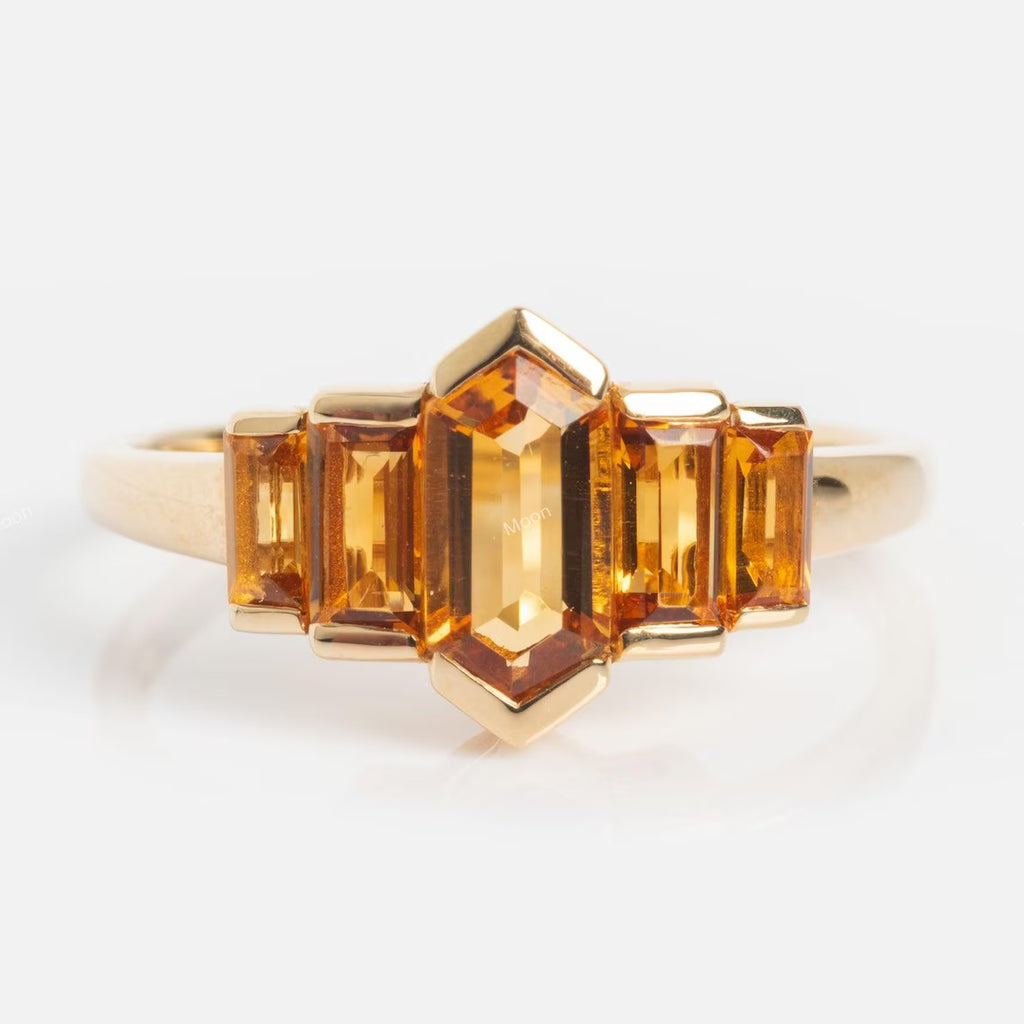 Hexagon Cut Citrine Ring Unique Solid Engagement Ring