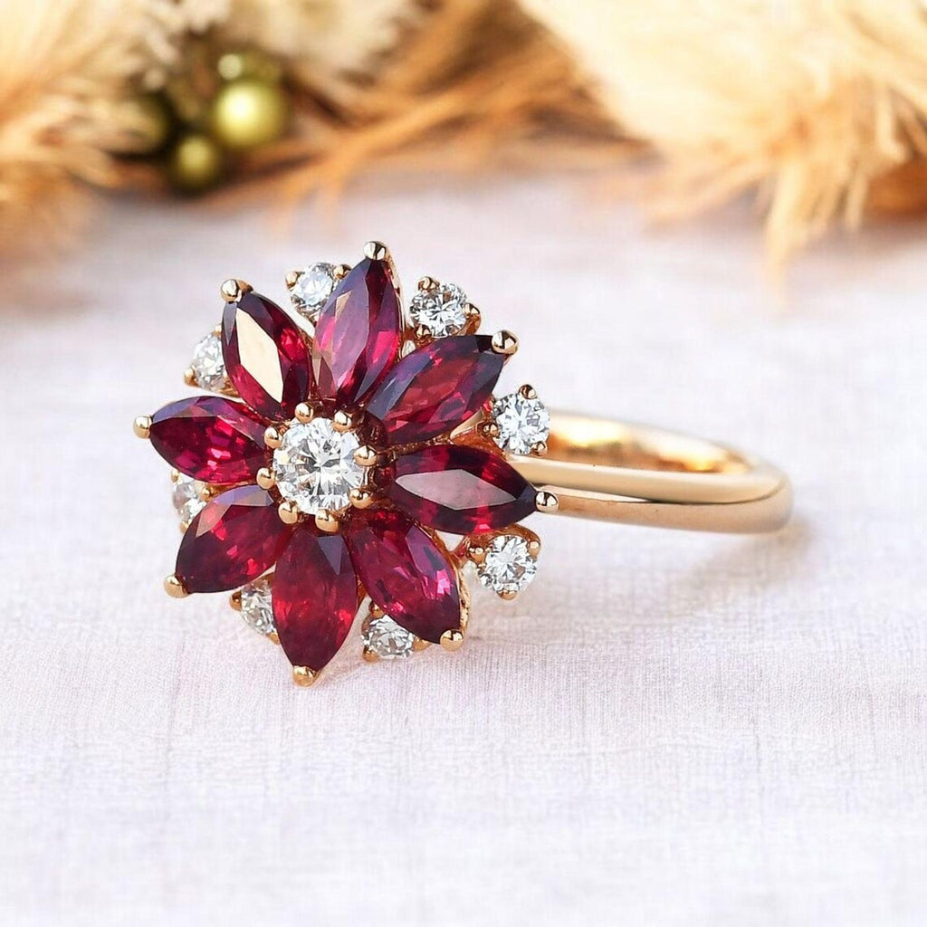 Handmade Red Ruby Lotus Flower Engagement Rings