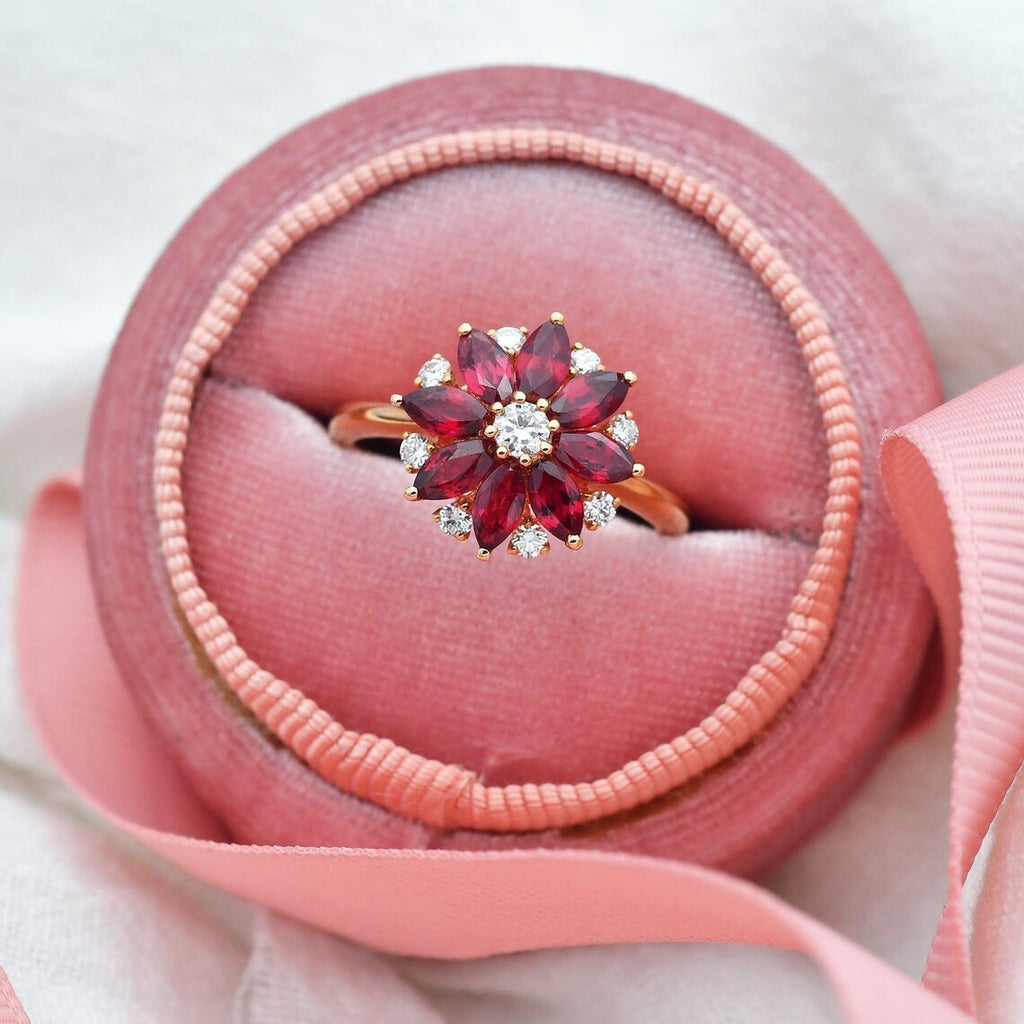 Handmade Red Ruby Lotus Flower Engagement Rings