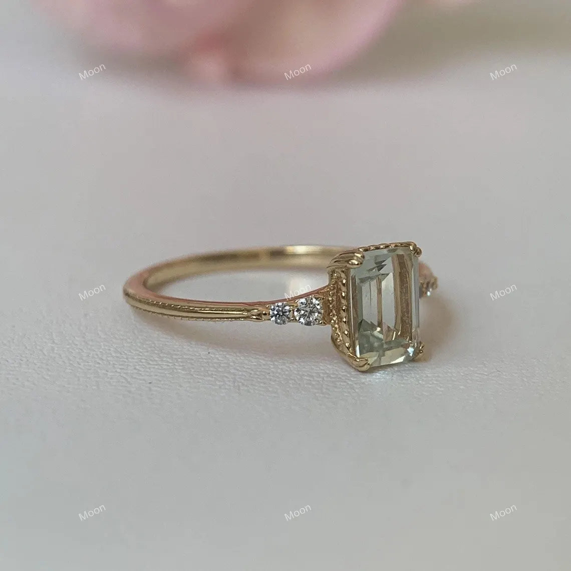Natural Green Amethyst Ring-Natural Prestolite Ring-Emerald Cut Amethyst Ring