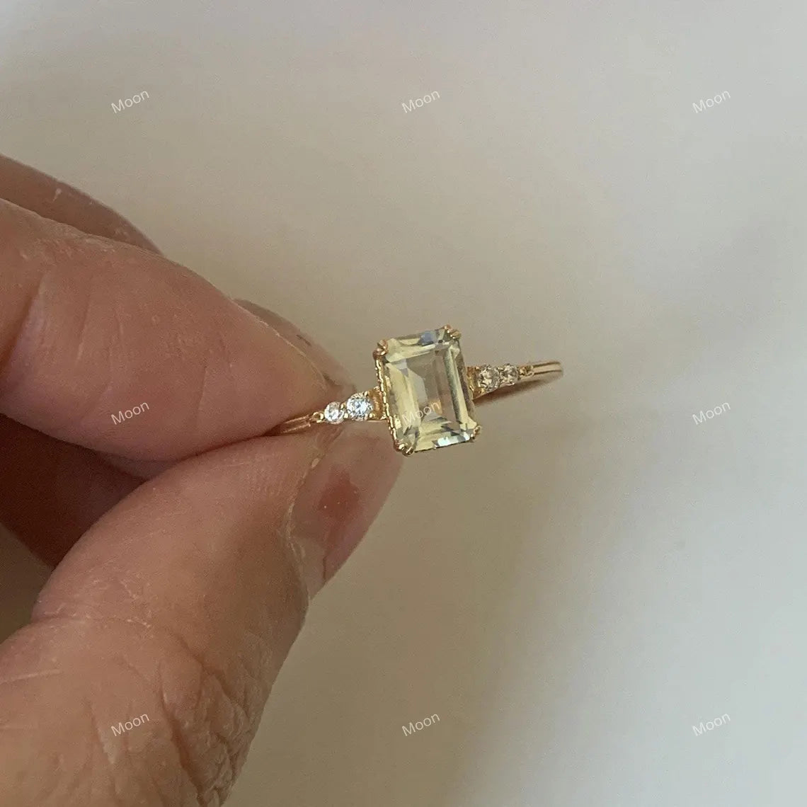 Natural Green Amethyst Ring-Natural Prestolite Ring-Emerald Cut Amethyst Ring