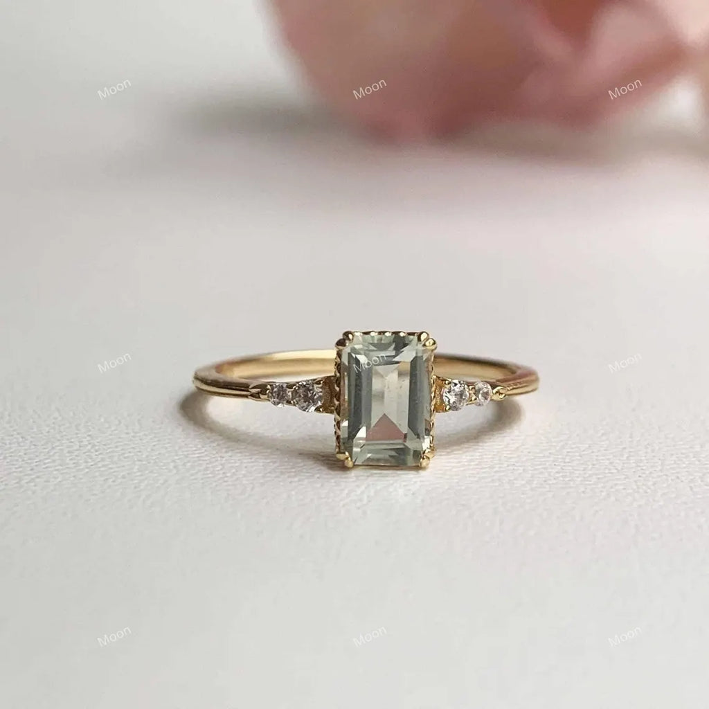 Natural Green Amethyst Ring-Natural Prestolite Ring-Emerald Cut Amethyst Ring