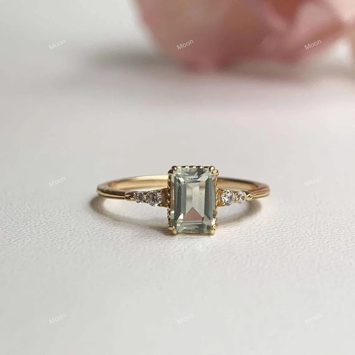 Natural Green Amethyst Ring-Natural Prestolite Ring-Emerald Cut Amethyst Ring