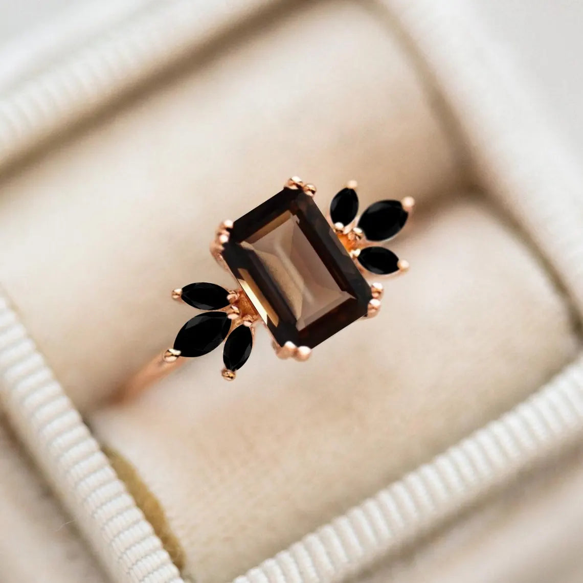 Smoky quartz & Black Onyx Ring-Emerald Cut Smoky Quartz Ring