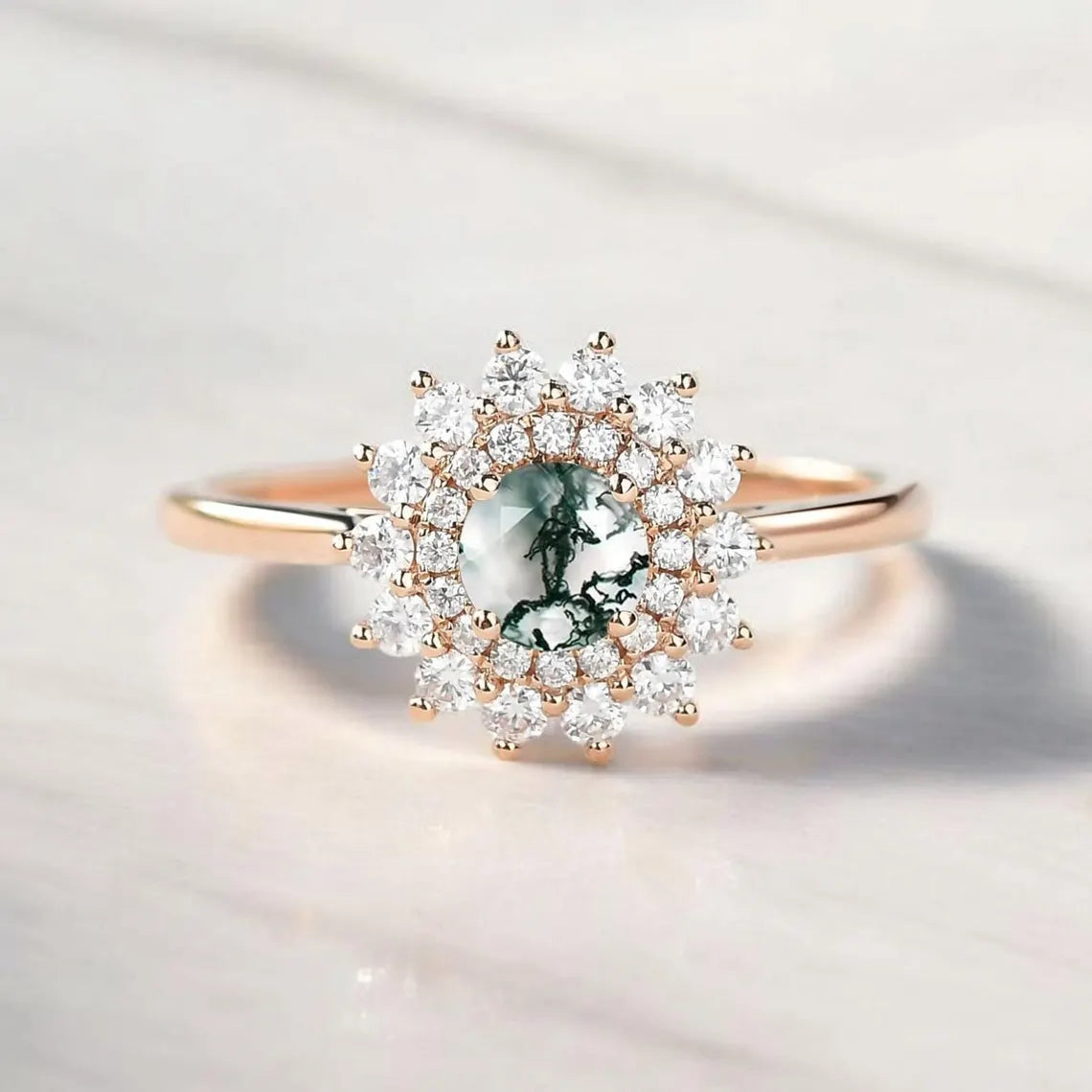Moss Agate And Moissanite Ring, 18k Gold Vermeil, 925 Sterling Silver Ring