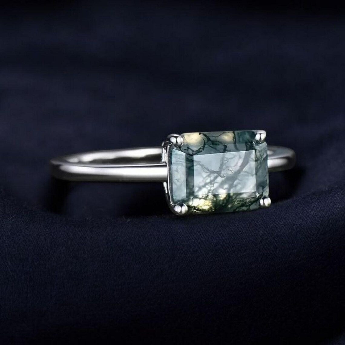 Natural Moss Agate Ring, Baguette Moss Agate 925 Sterling Silver Ring Main
