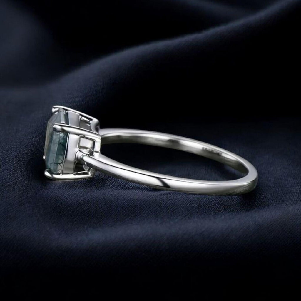 Natural Moss Agate Ring, Baguette Moss Agate 925 Sterling Silver Ring SIde Back Face