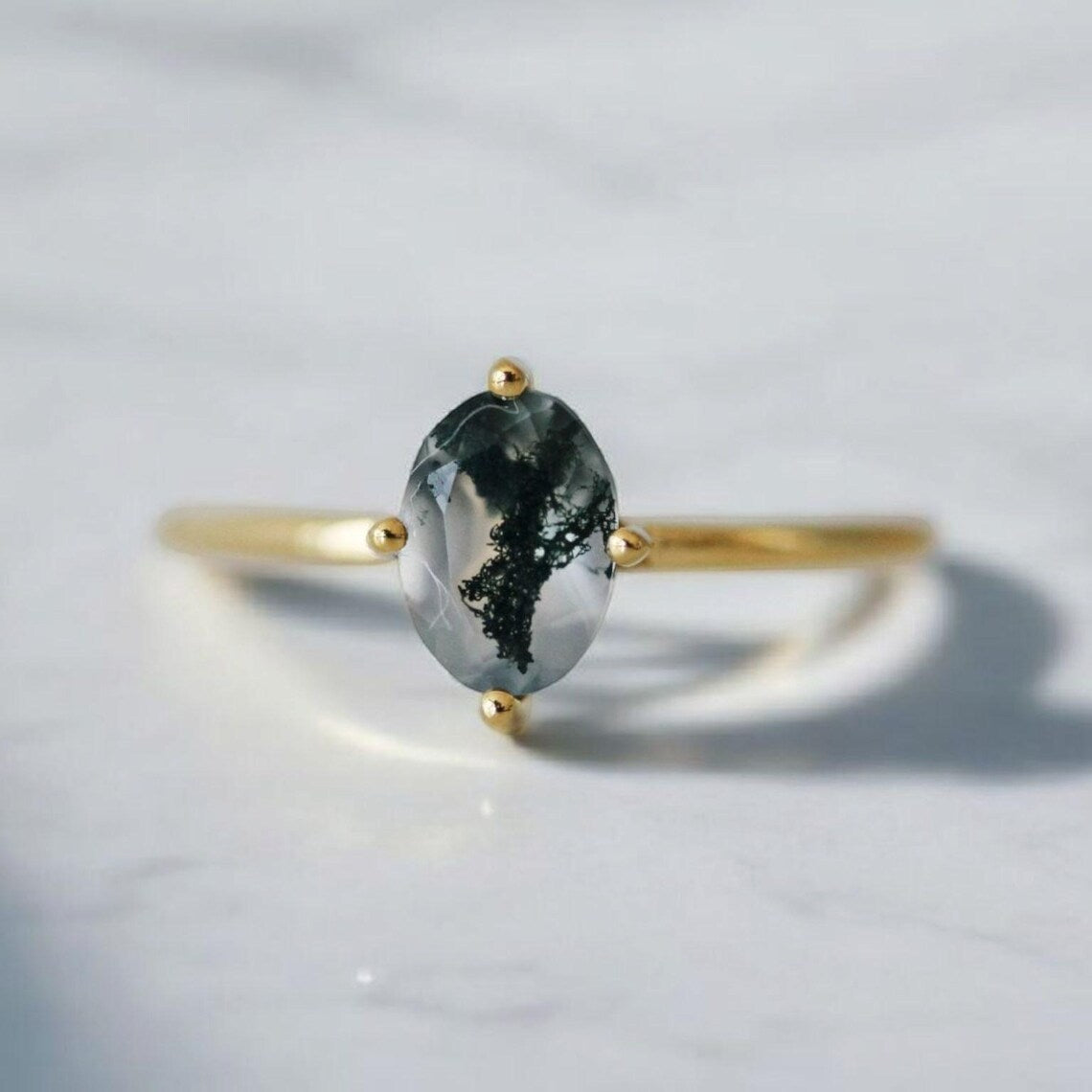 Minimalist Moss Agate Oval Cut Solitaire Ring