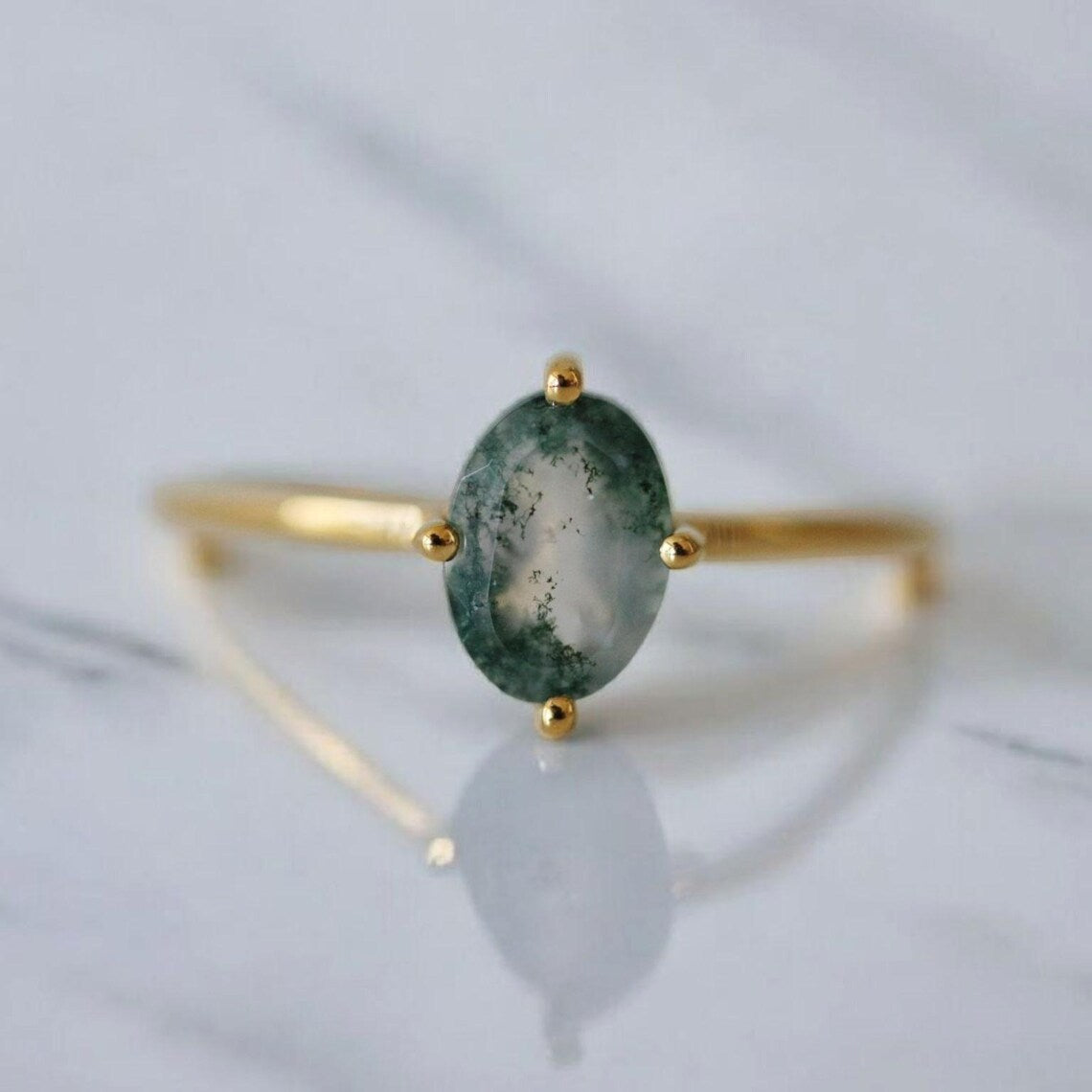 Minimalist Moss Agate Oval Cut Solitaire Ring face front
