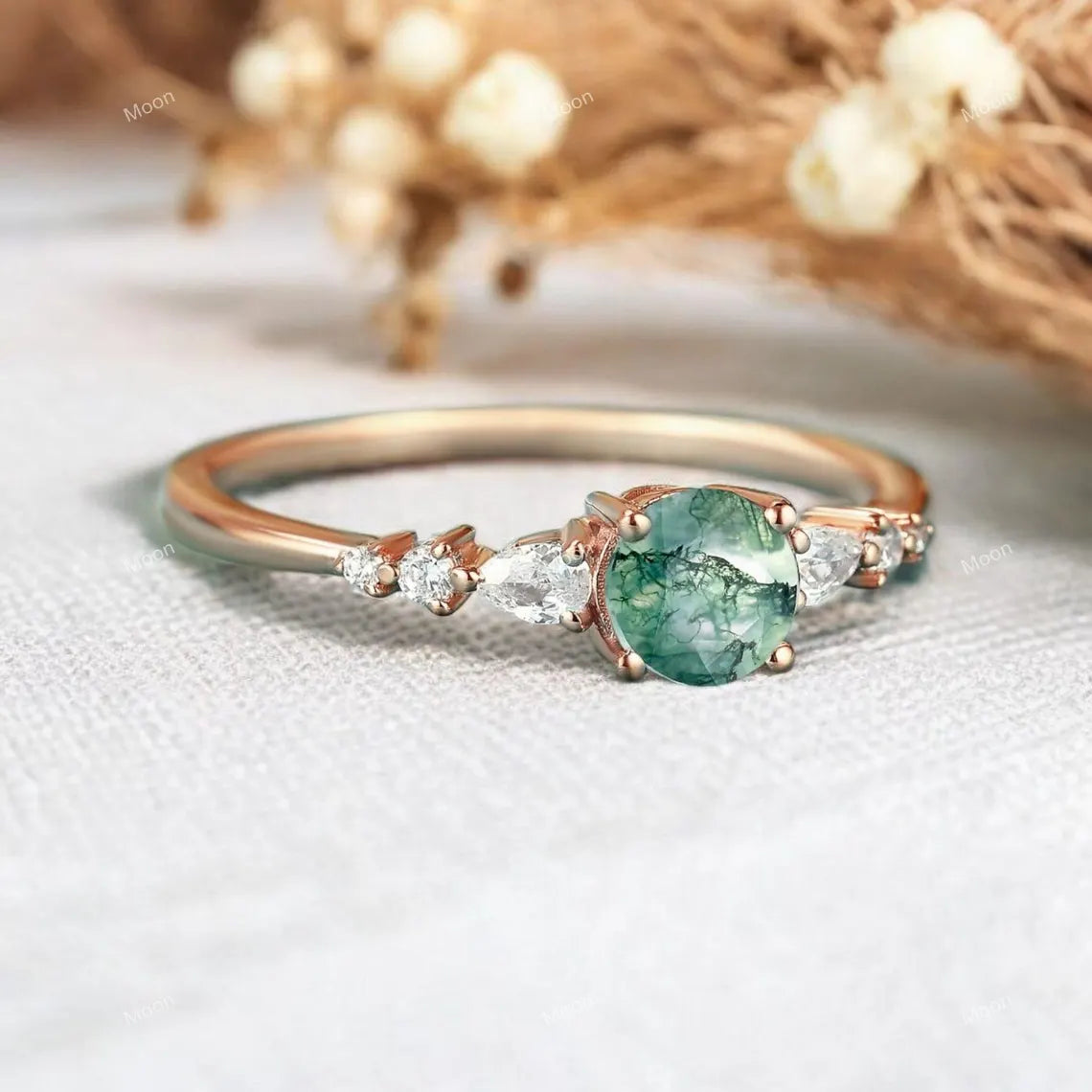 Natural moss agate promise ring Side Face