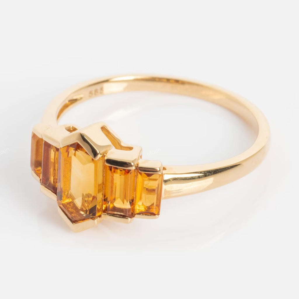 Hexagon Cut Citrine Ring Unique Solid Gold Engagement Ring