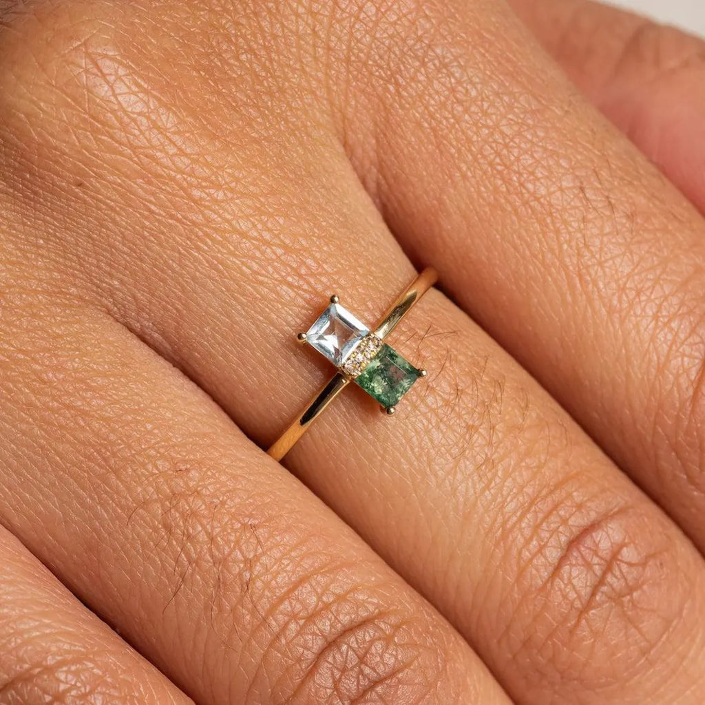 Moss Agate & Aquamarine Ring With Model hand