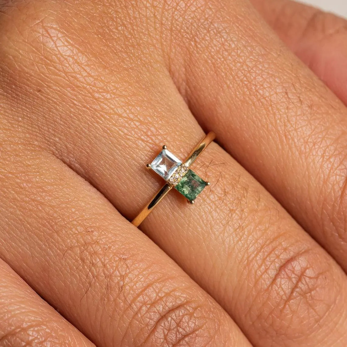 Moss Agate & Aquamarine Ring With Model hand