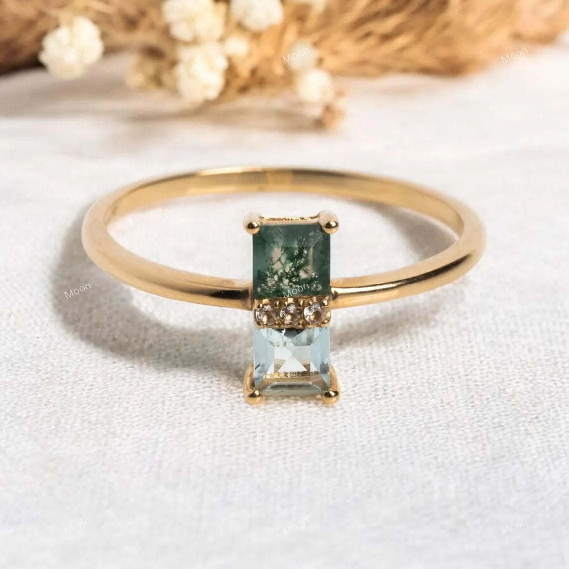 Moss Agate & Aquamarine Ring
