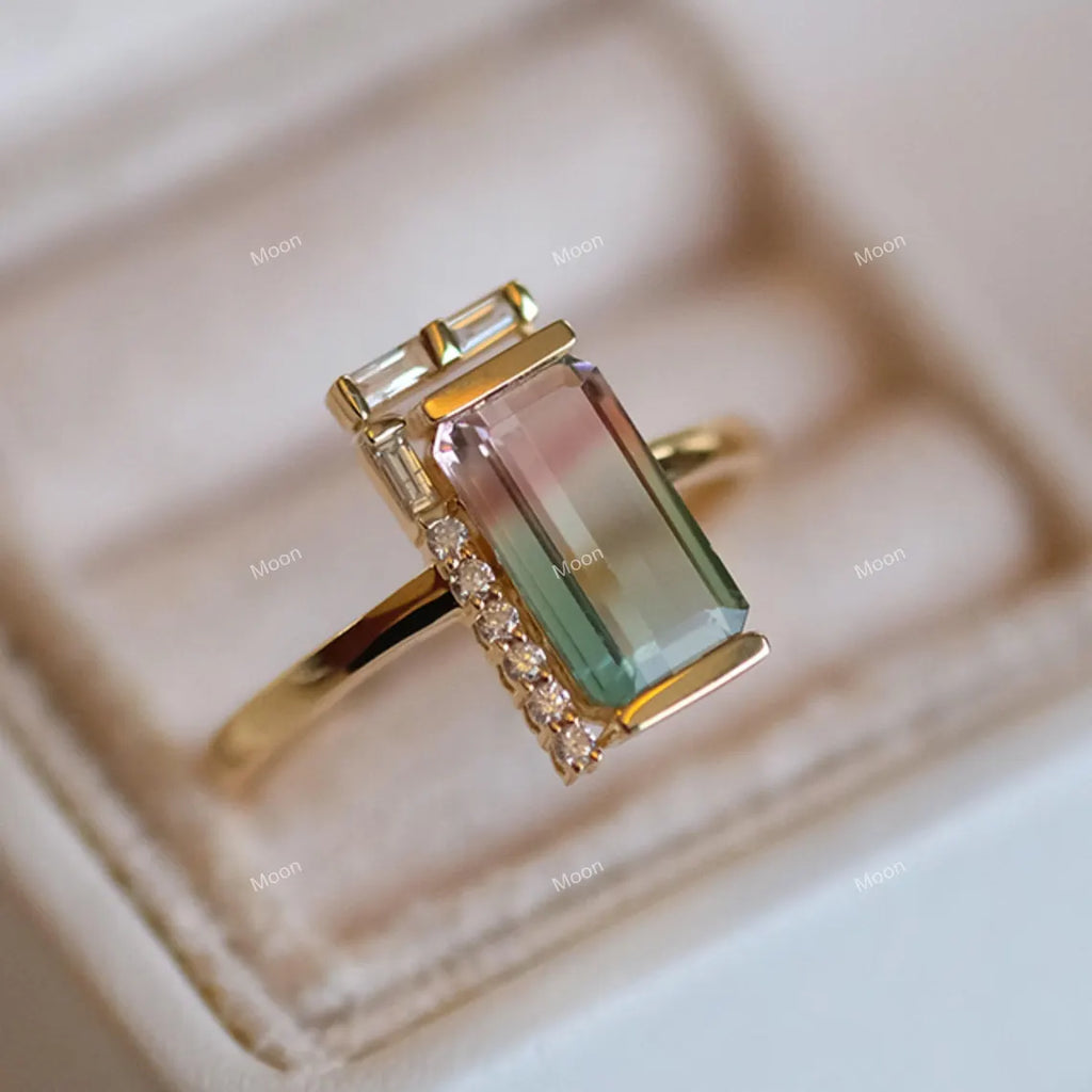 Baguette Cut Watermelon Tourmaline Ring