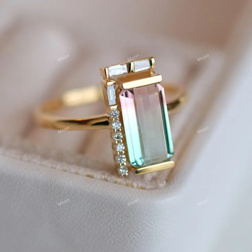 Baguette Cut Watermelon Tourmaline Ring Right SIde Face