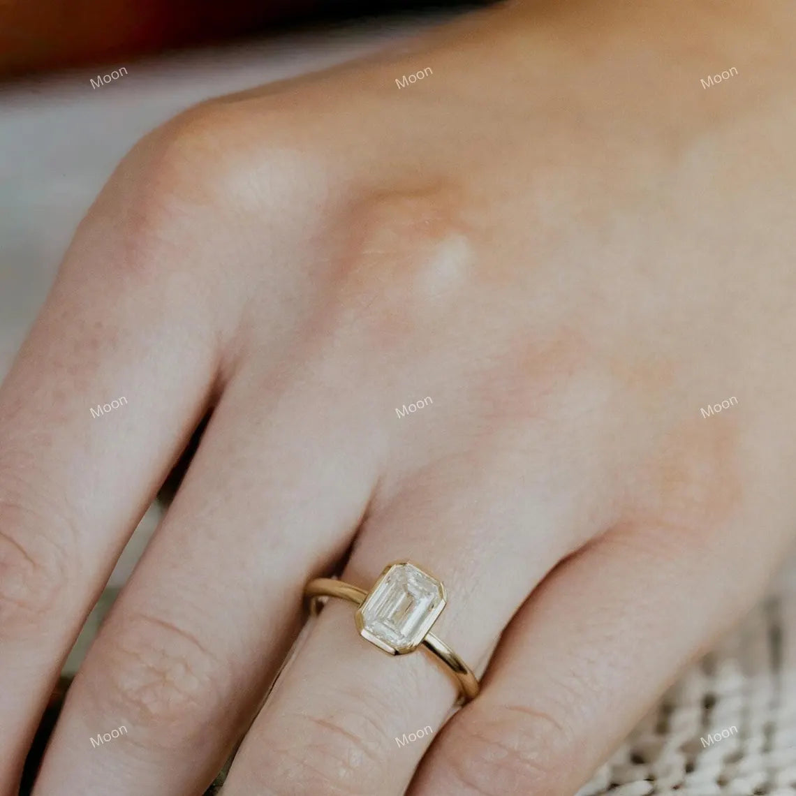 Vintage Emerald Cut Moissanite Engagement Ring With model Hand