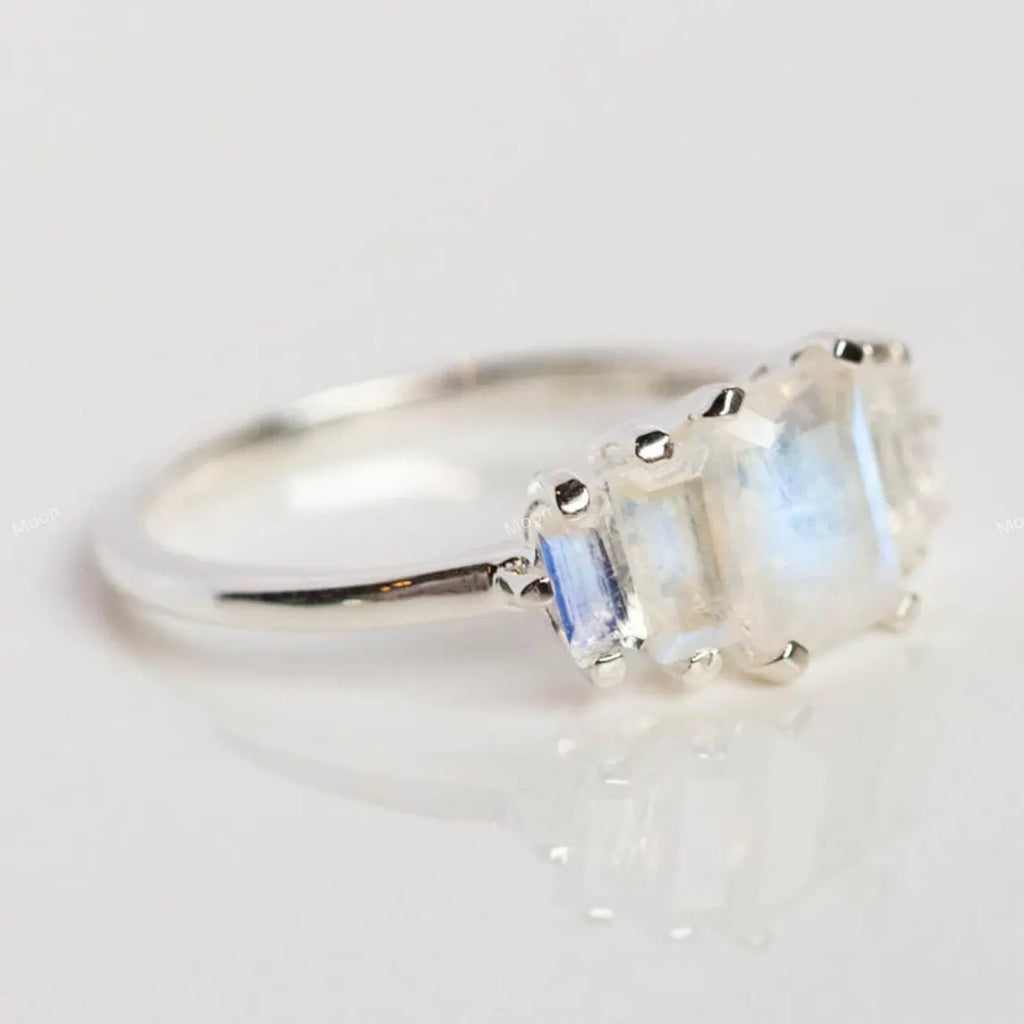 Blue Fire Rainbow Moonstone Engagement Promise Ring