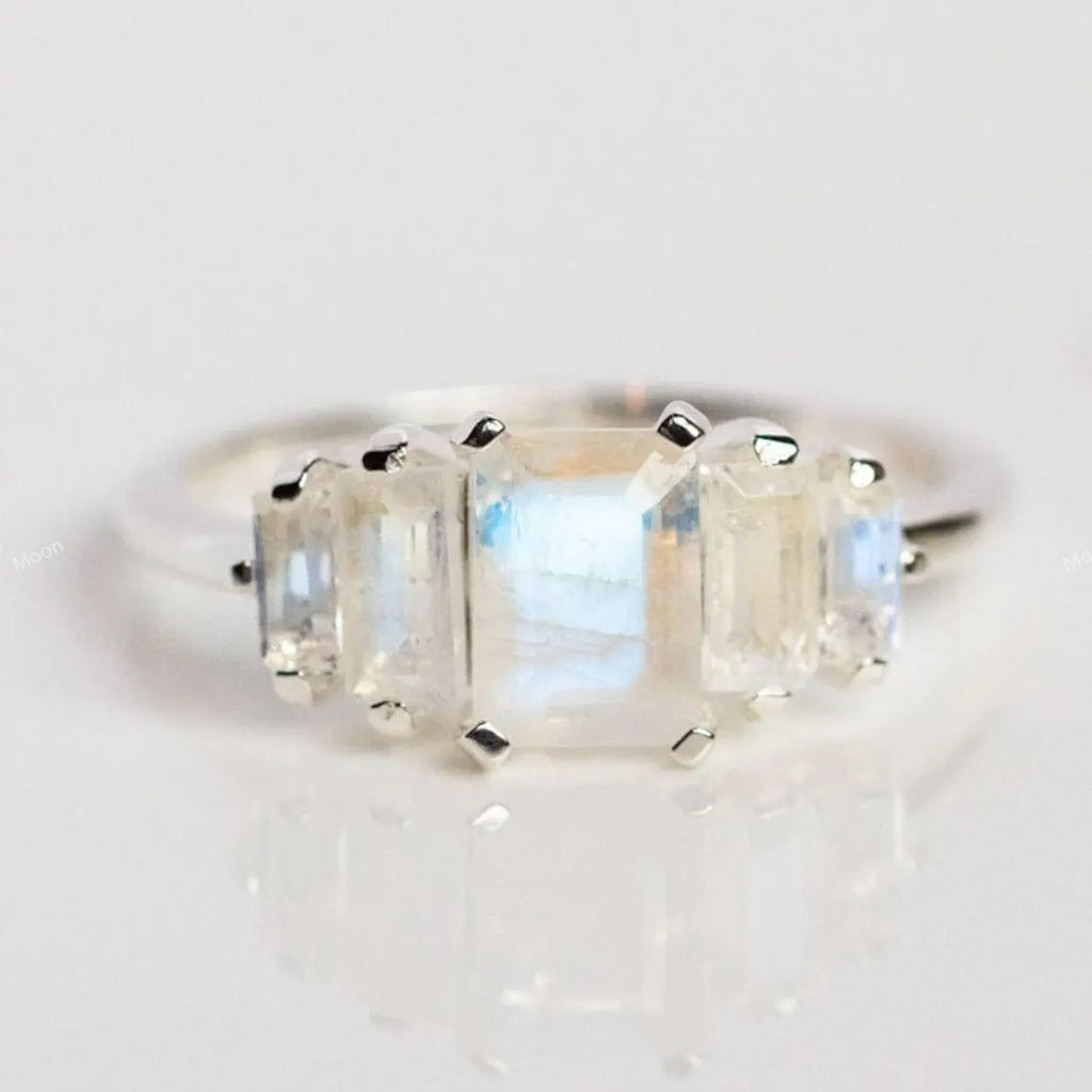 Blue Fire Rainbow Moonstone Engagement Promise Ring