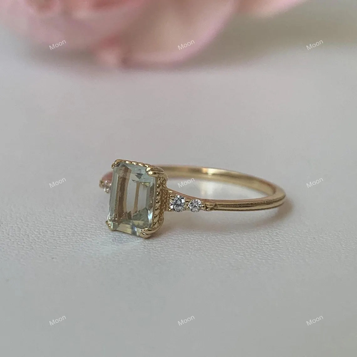 Natural Green Amethyst Ring-Natural Prestolite Ring-Emerald Cut Amethyst Ring