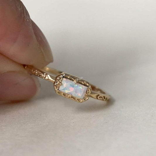 Dainty Opal Baguette Ring  With Model Hand