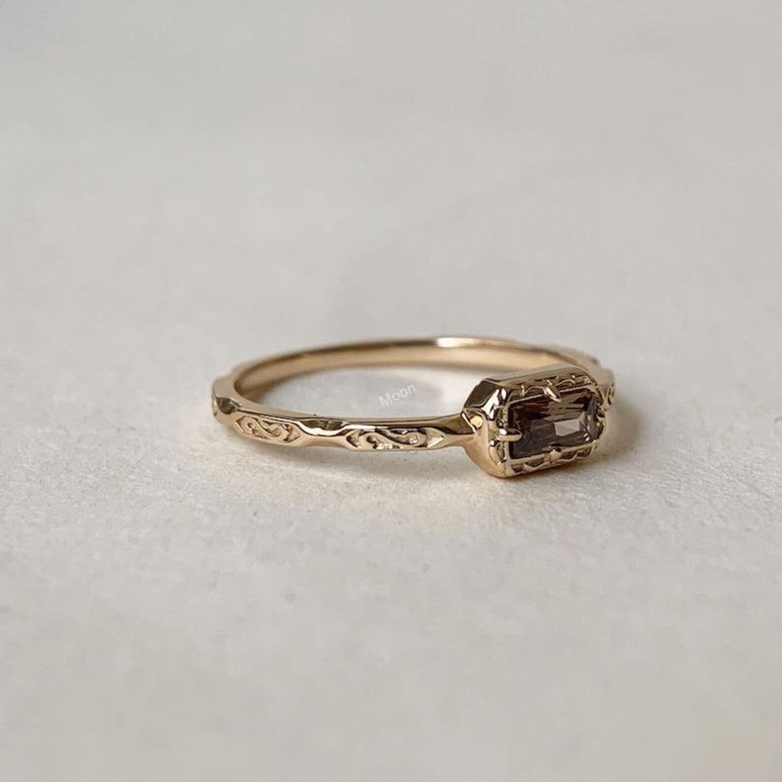 Natural Smoky Quartz Baguette Cut Wedding Band Right Angle
