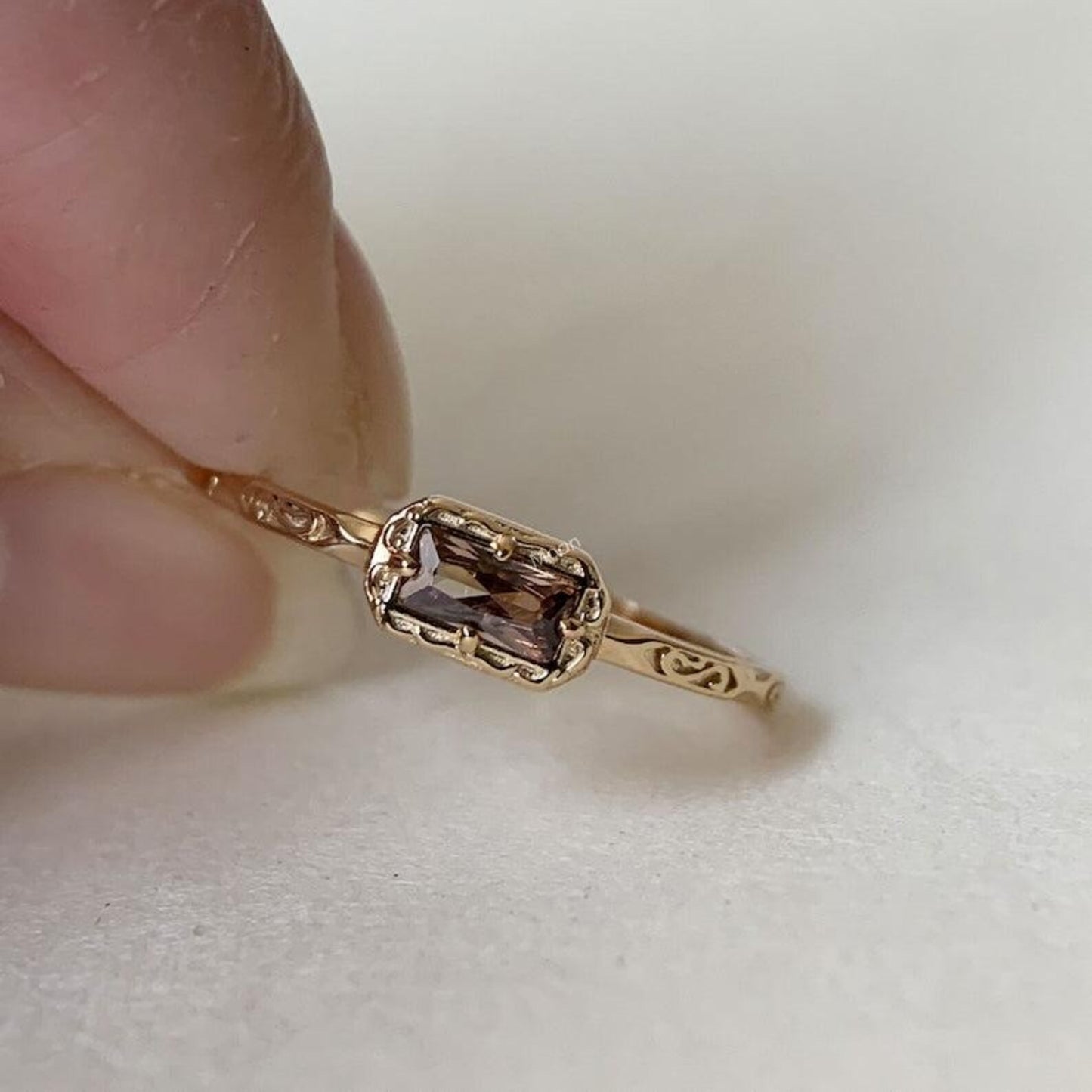 Natural Smoky Quartz Baguette Cut Wedding Band With Model