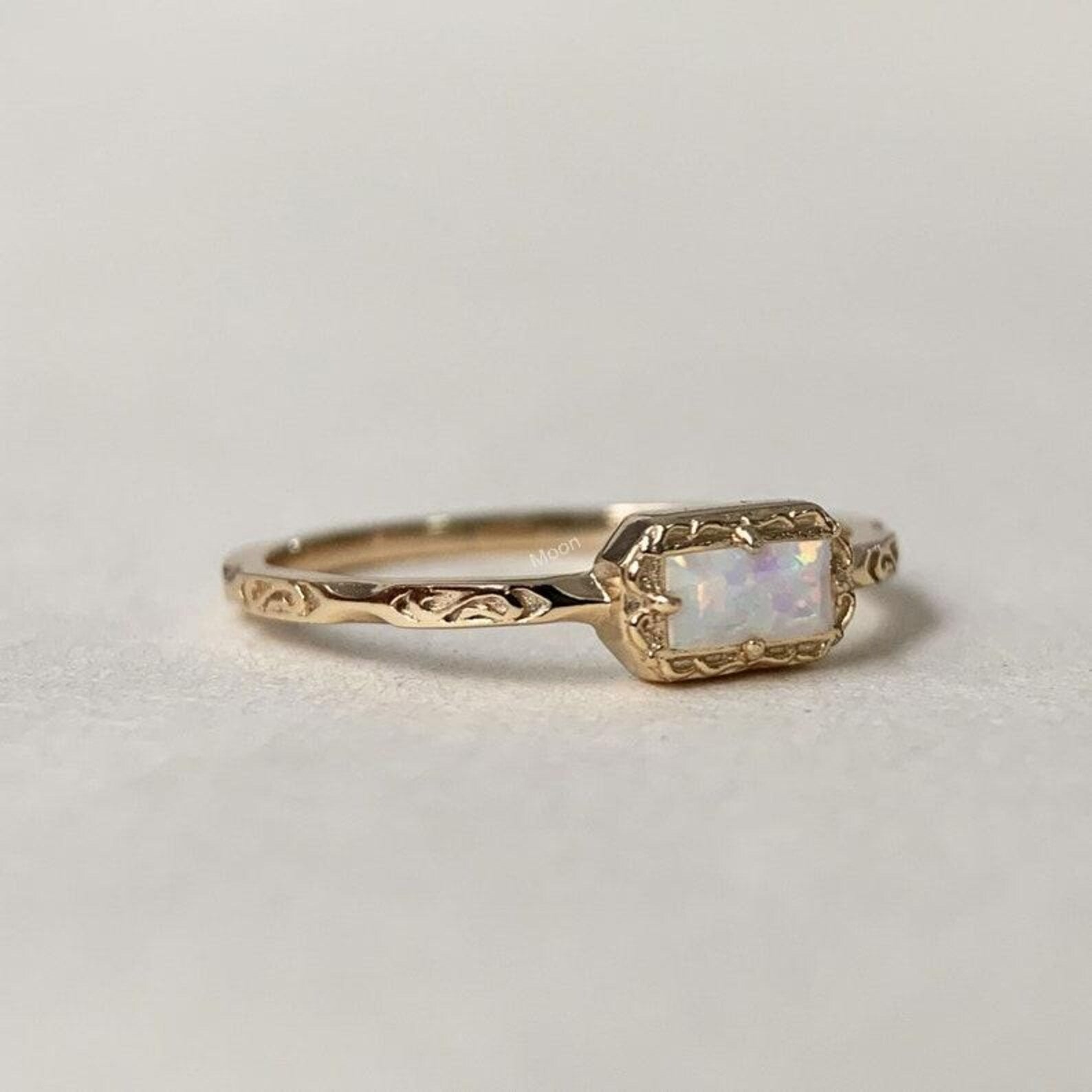 Dainty Opal Baguette Ring Right Angle