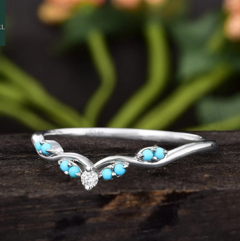 Turquoise curved wedding band 925 Sterling Silver