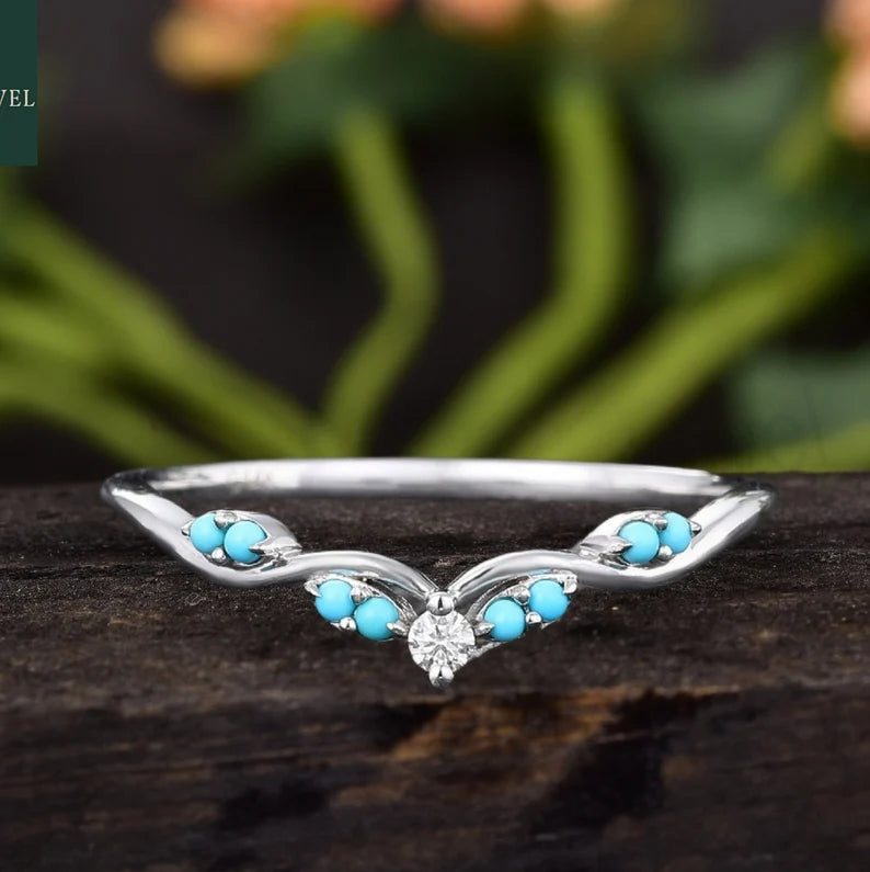 Turquoise curved wedding band 925 Sterling Silver