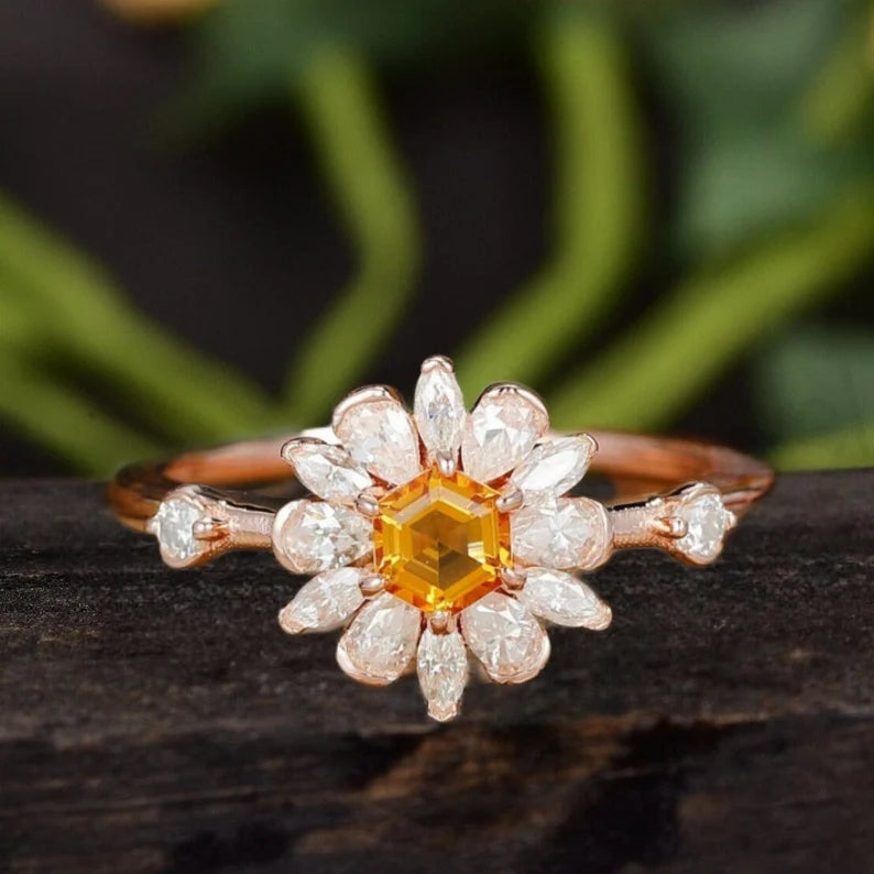 Victoria Natural Citrine Ring Floral Style Rose Gold