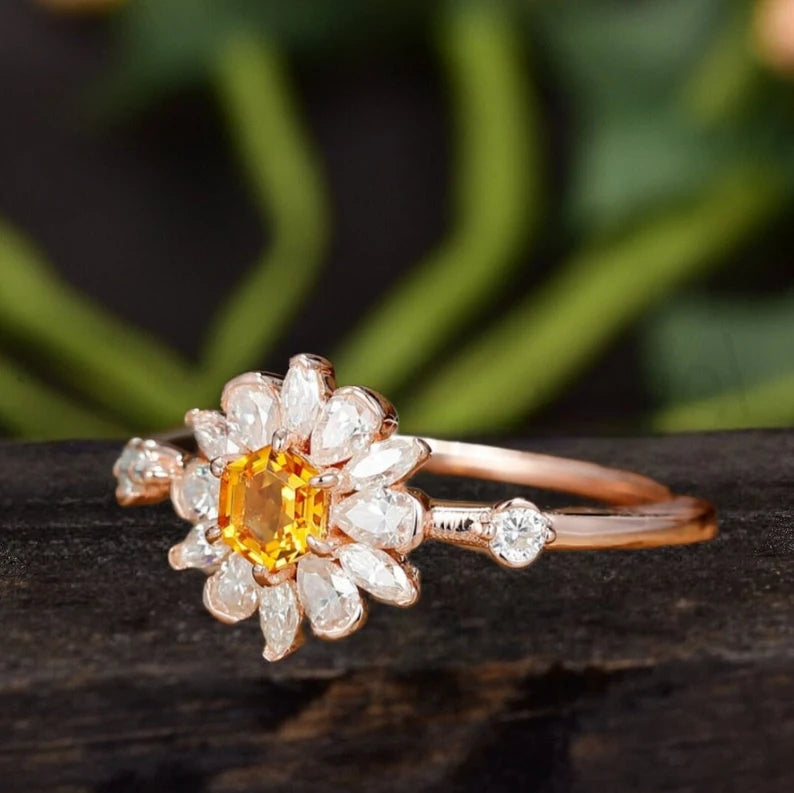 Victoria Natural Citrine Ring Floral Style Rose Gold Left SIde