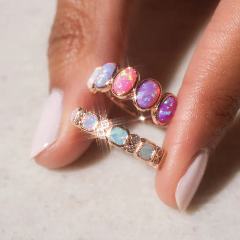 Pink Opal Ring, Vintage Opal Band With Model Hand