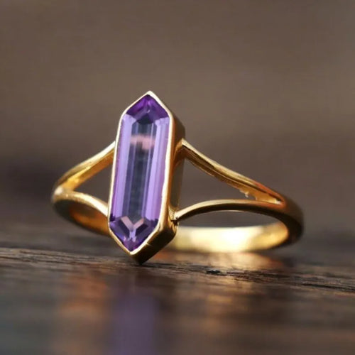 Amethyst Ring, Hexagon Cut Gemstone Ring 