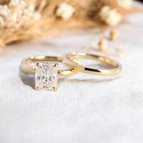 2.5CT Emerald Cut Moissanite Engagement Ring Set