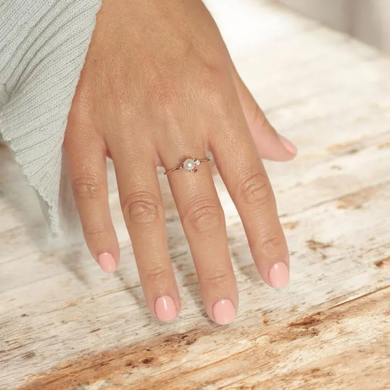 Vintage Akoya Pearl Engagement Ring With Model Hand