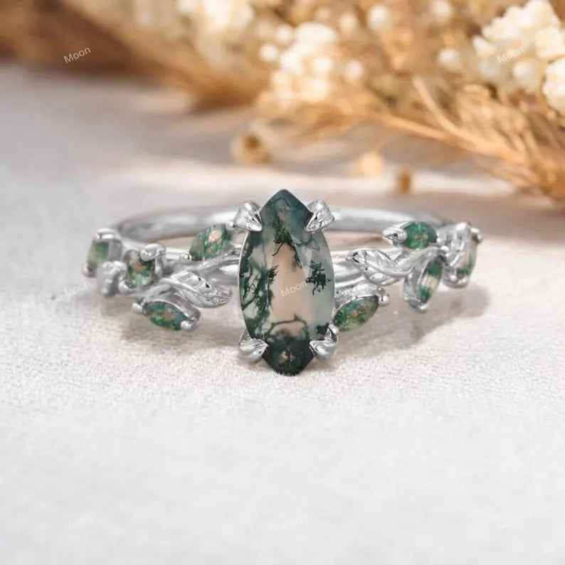 Marquise shaped Moss Agate Engagement ring Main