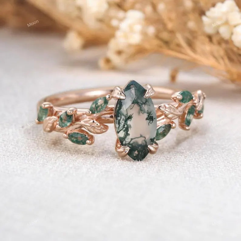 Marquise shaped Moss Agate Engagement ring Right Angle
