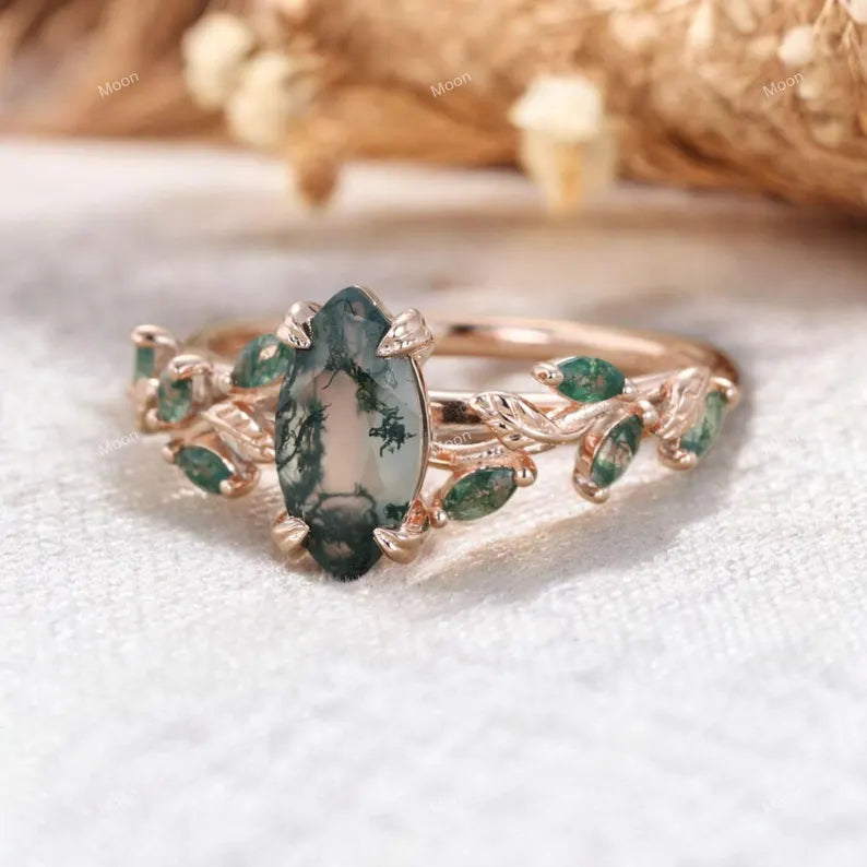 Marquise shaped Moss Agate Engagement ring Left Angle