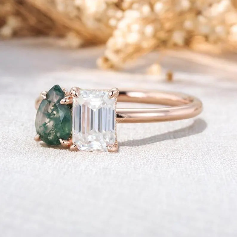 Two Stone Ring Emerald & Pear Cut Ring Left Angle