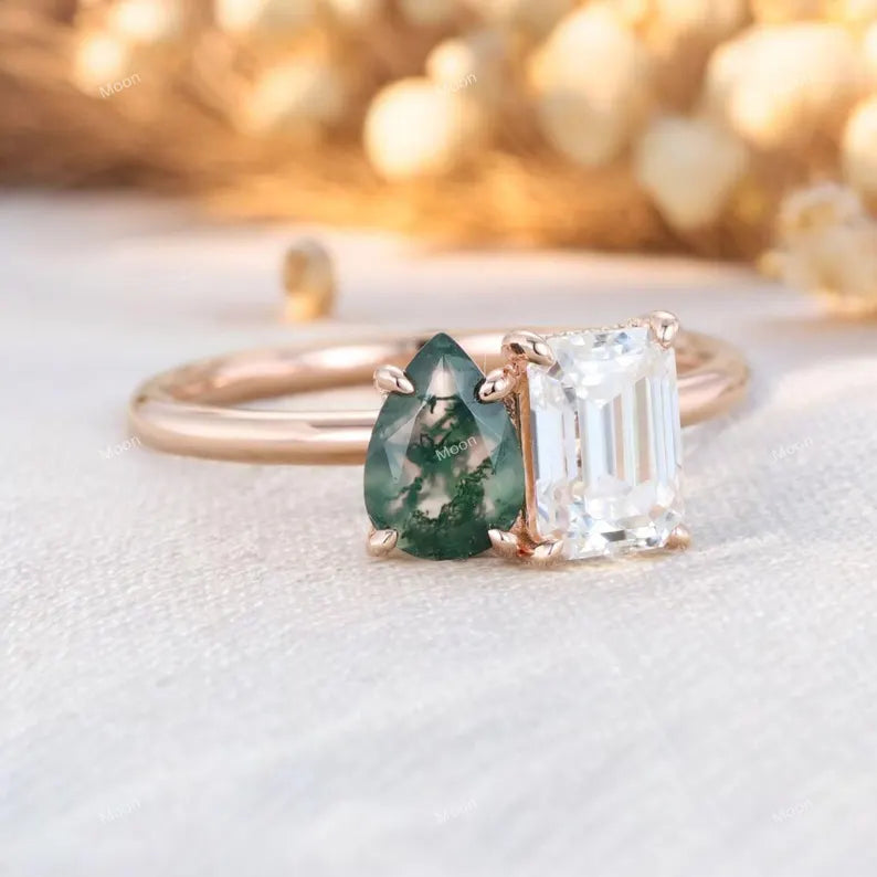 Two Stone Ring Emerald & Pear Cut Ring Right Angle