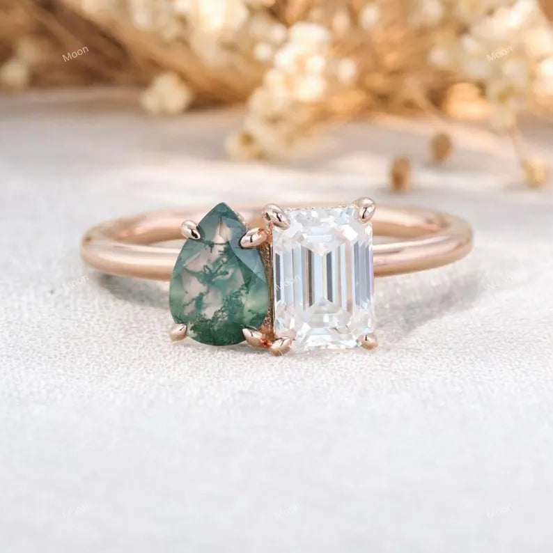 Two Stone Ring Emerald & Pear Cut Ring