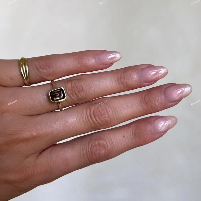 Unique Smoky Quartz Ring 14k Solid Gold Emerald Cut Engagement Ring With Model